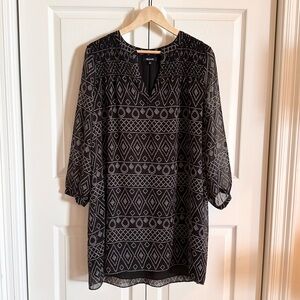 Madewell Smocked Tunic Caravan Print Black & Cream Long Sleeve Mini Dress Size M